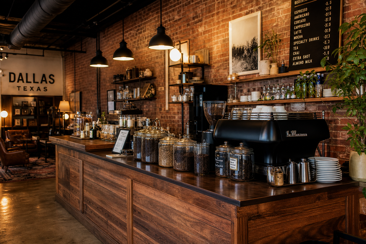 Artisan coffee shop interior with espresso bar in Oak Cliff