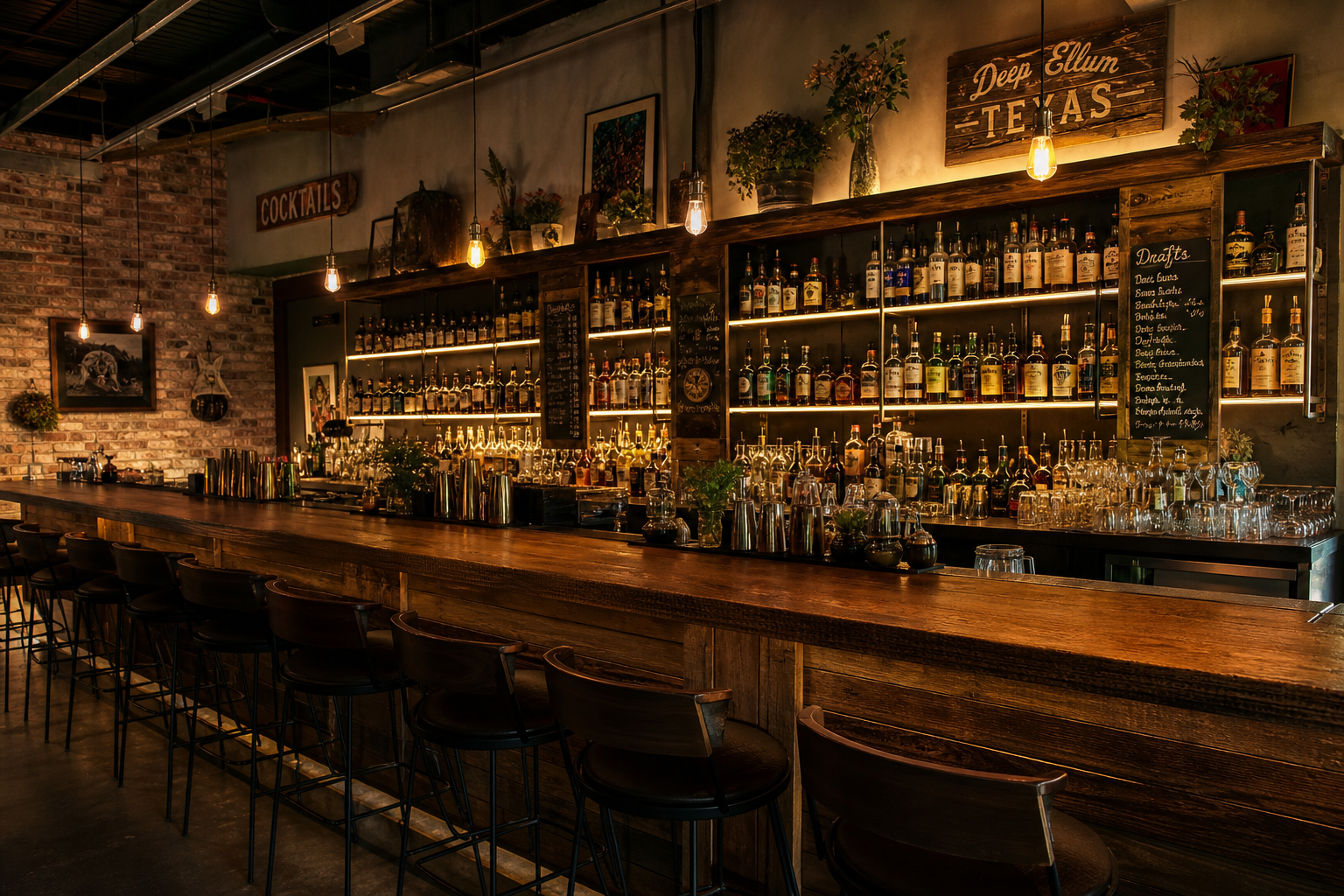 Cozy craft cocktail bar with warm lighting in Oak Cliff