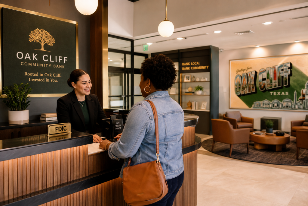 Modern local bank interior in Oak Cliff Dallas
